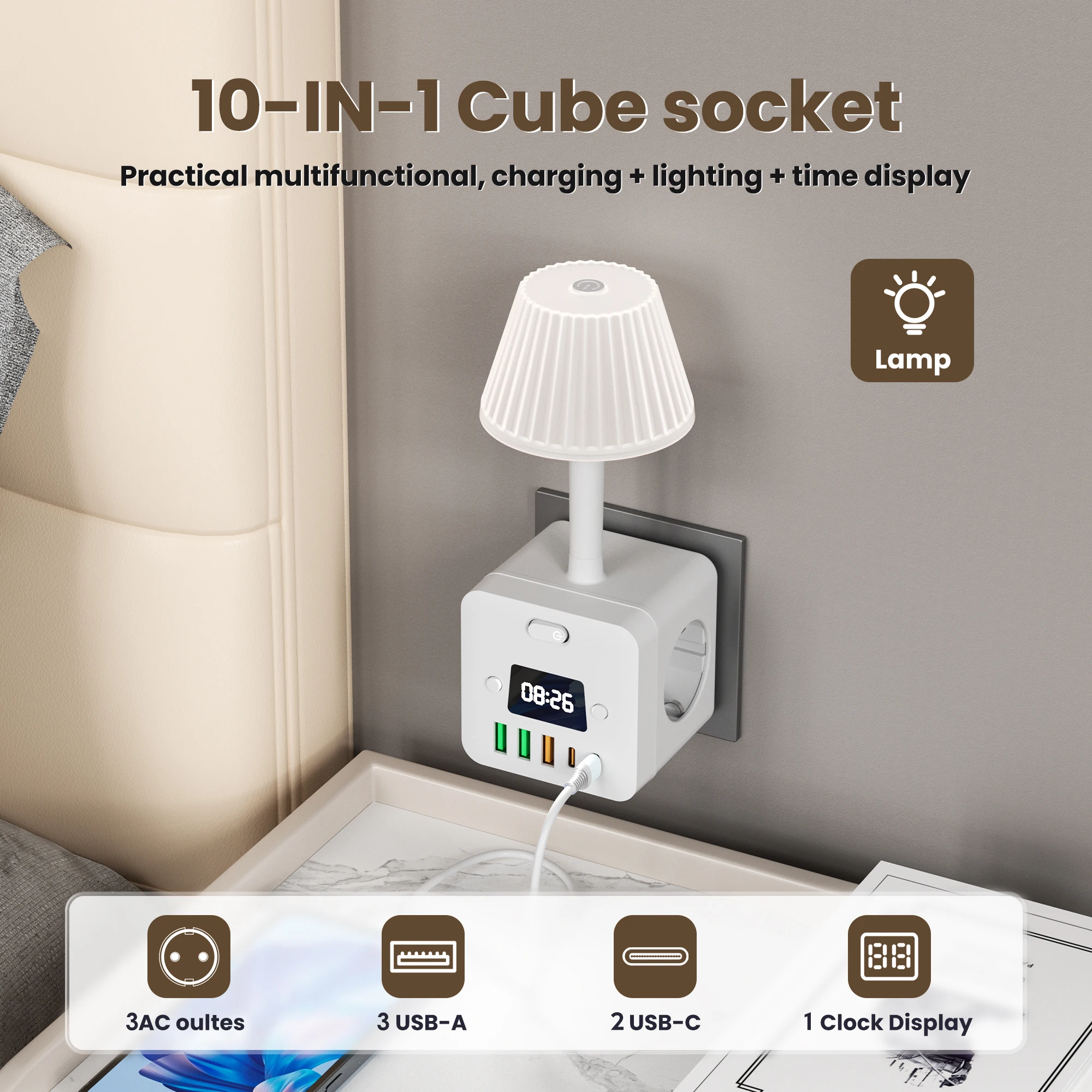 Regleta de reloj de 3 salidas con enchufe de luz nocturna ajustable, protección contra…