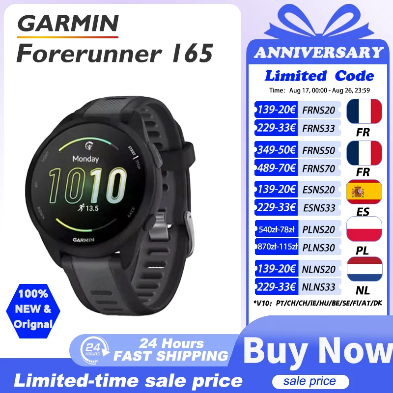 Reloj GARMIN Forerunner 165 con sensor de oxímetro de pulso, seguimiento del estrés, dinámica de carrera basada en…