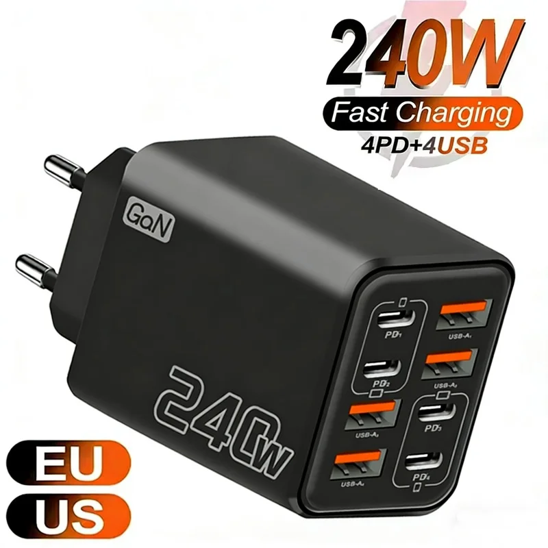 Cargador USB C GaN de 240W, 8 en 1, adaptador de corriente de carga rápida para iPhone, Samsung…