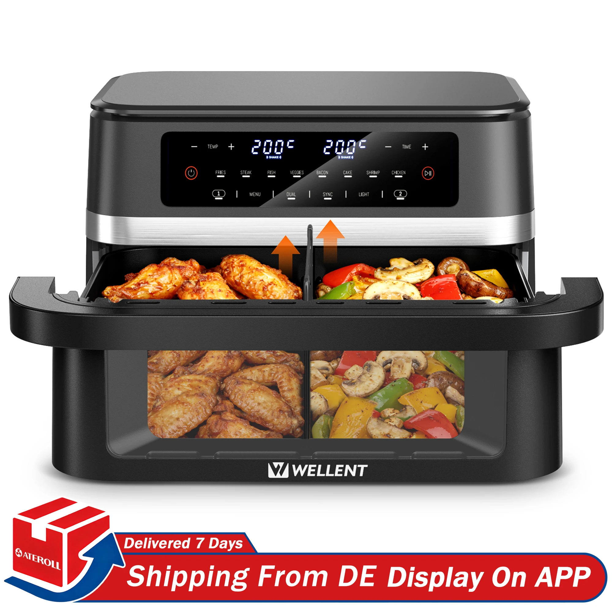 Freidora de Aire Caliente de 12L con Doble Olla para Cocción Simultánea, 2950W, con Pantalla Táctil LED, Ventana…