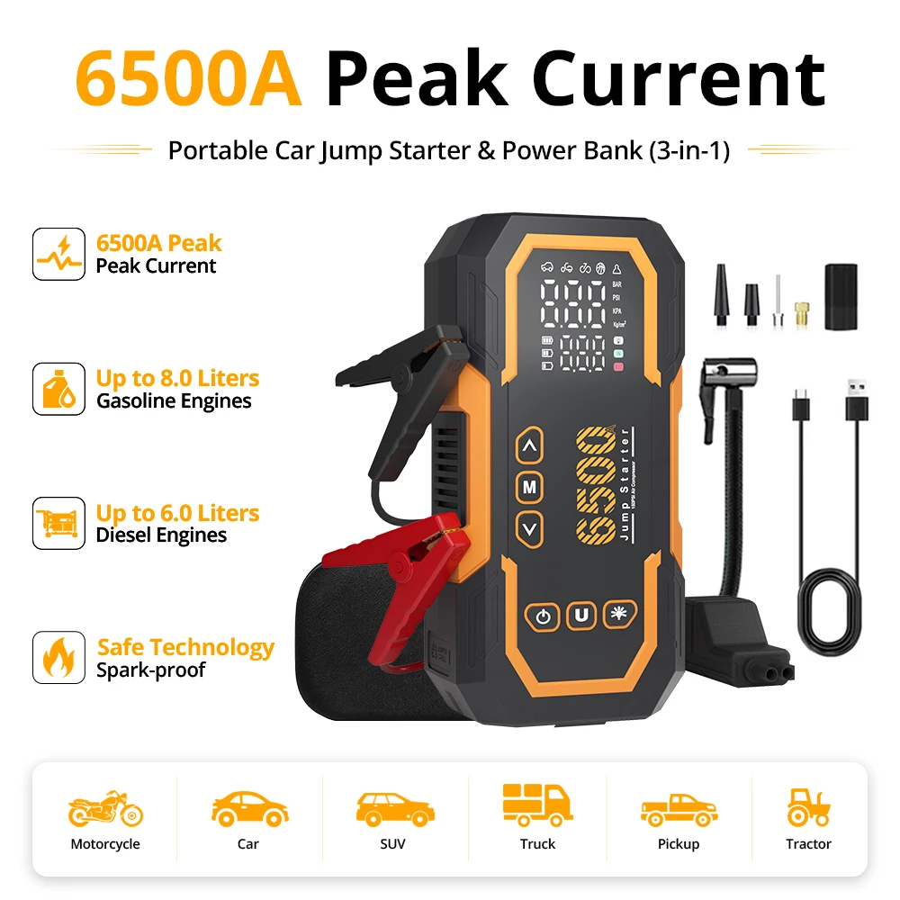 Arrancador de Batería de Coche 6500A-Paquete de Refuerzo de Arranque de Batería de Coche de 12 V, Banco…