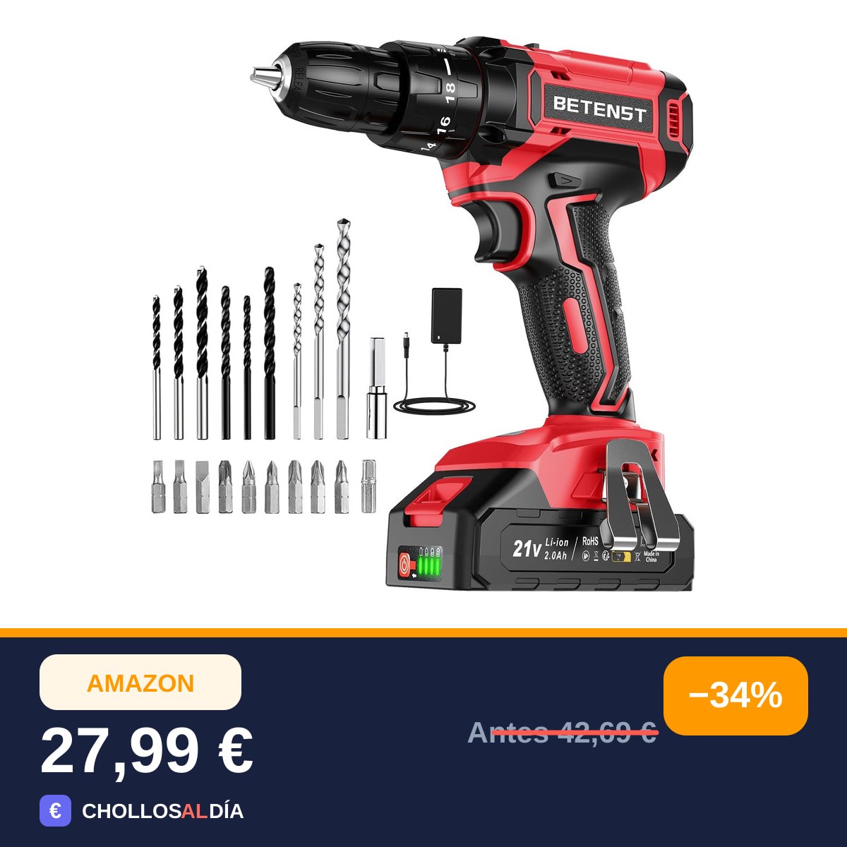 BETENST Taladro Atornillador a Batería 21V con Batería 2000mAh