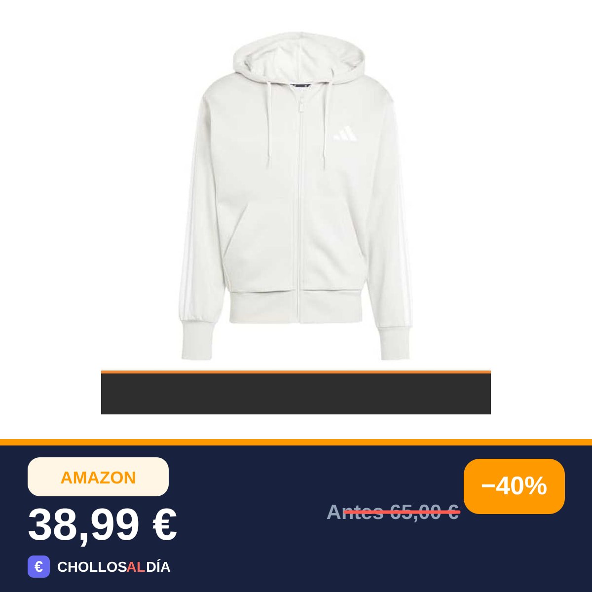 adidas Hombre Essential Three Stripes Fleece Zipper Hoodie Sweatshirt, Wonder Alumina/White, M