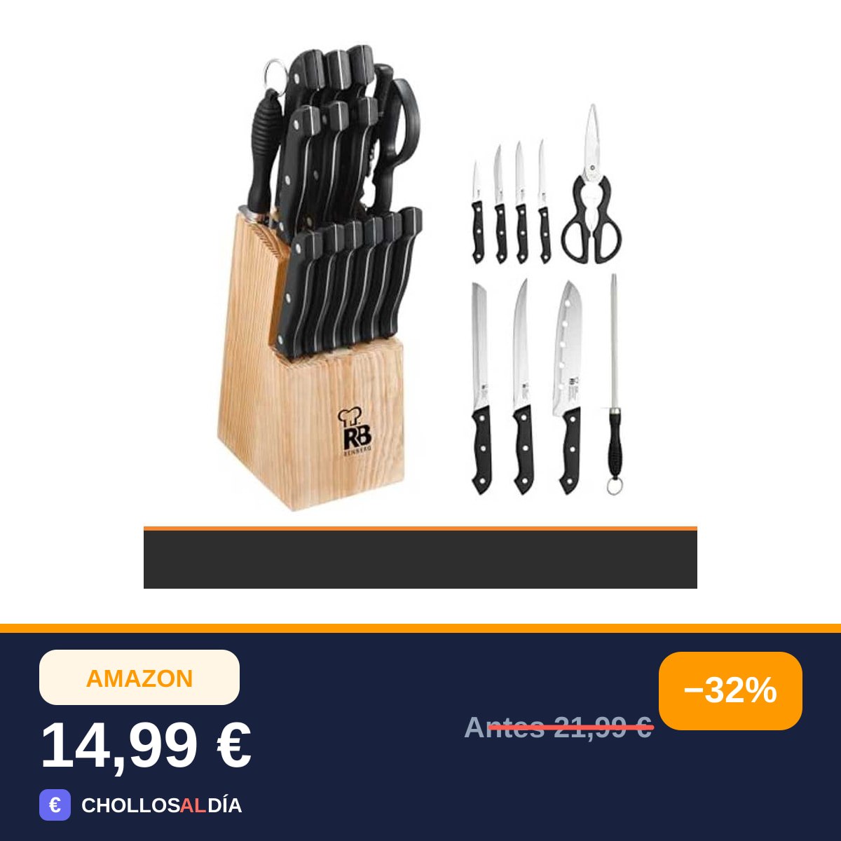 Renberg Tenessy | Cuchillos de Cocina | Set Completo de 15 Piezas con Tacoma de Madera |…