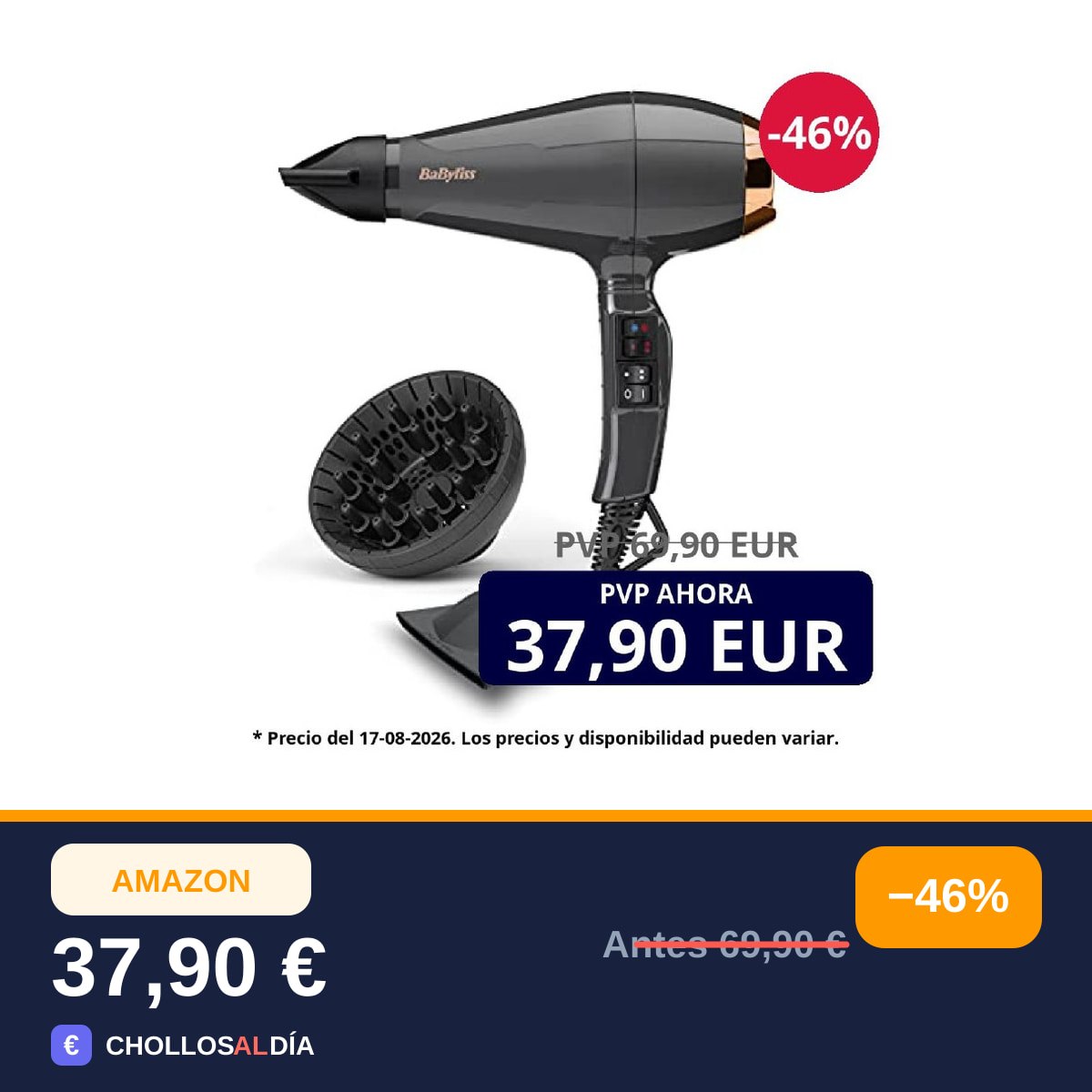 BaByliss Secador de pelo Italian Air Pro con Difusor - Motor AC Profesional, Alta potencia…