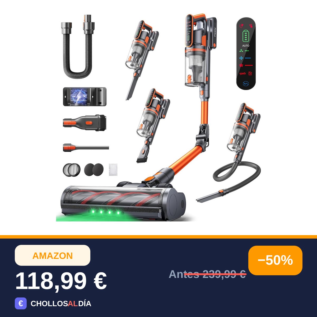 Fieety Aspiradora sin Cable 55KPa/650W/70Min(ECO), Aspiradora Escoba Potente con Brazo…
