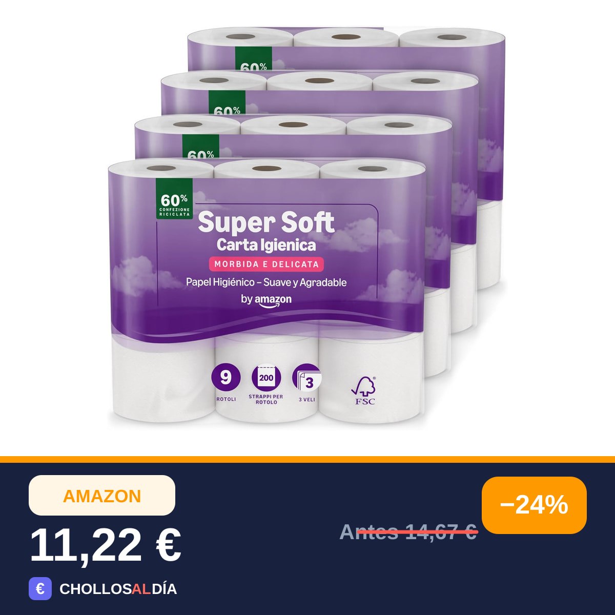 by Amazon Papel Higiénico Supersuave de 3 Capas, 36 Rollos (4 Paquetes de 9), 200 Hojas por…