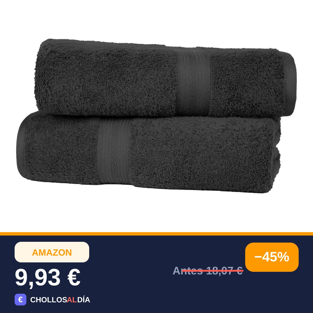 Amazon Basics Juego Toallas Baño 100% Algodón Toalla Ducha 70x140 cm, Negro, Pack 2 Unidades