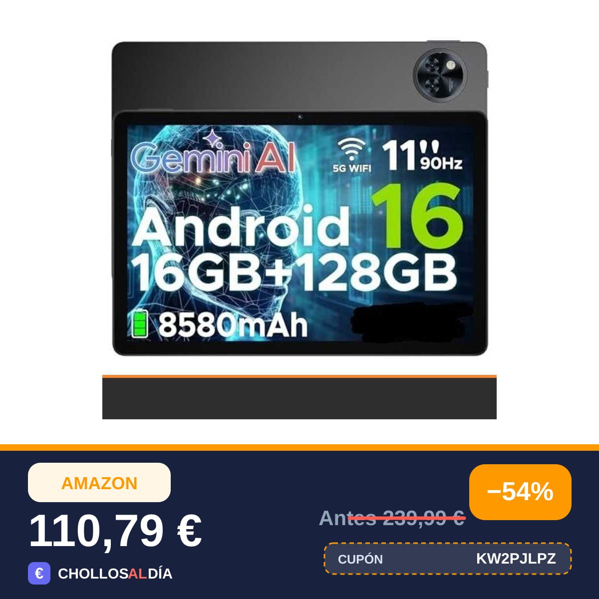 U11 Tablet 11 Pulgadas, 16GB RAM+128GB ROM/2TB TF Tablet, Batería 8580mAh, Octa-Core Unisoc…
