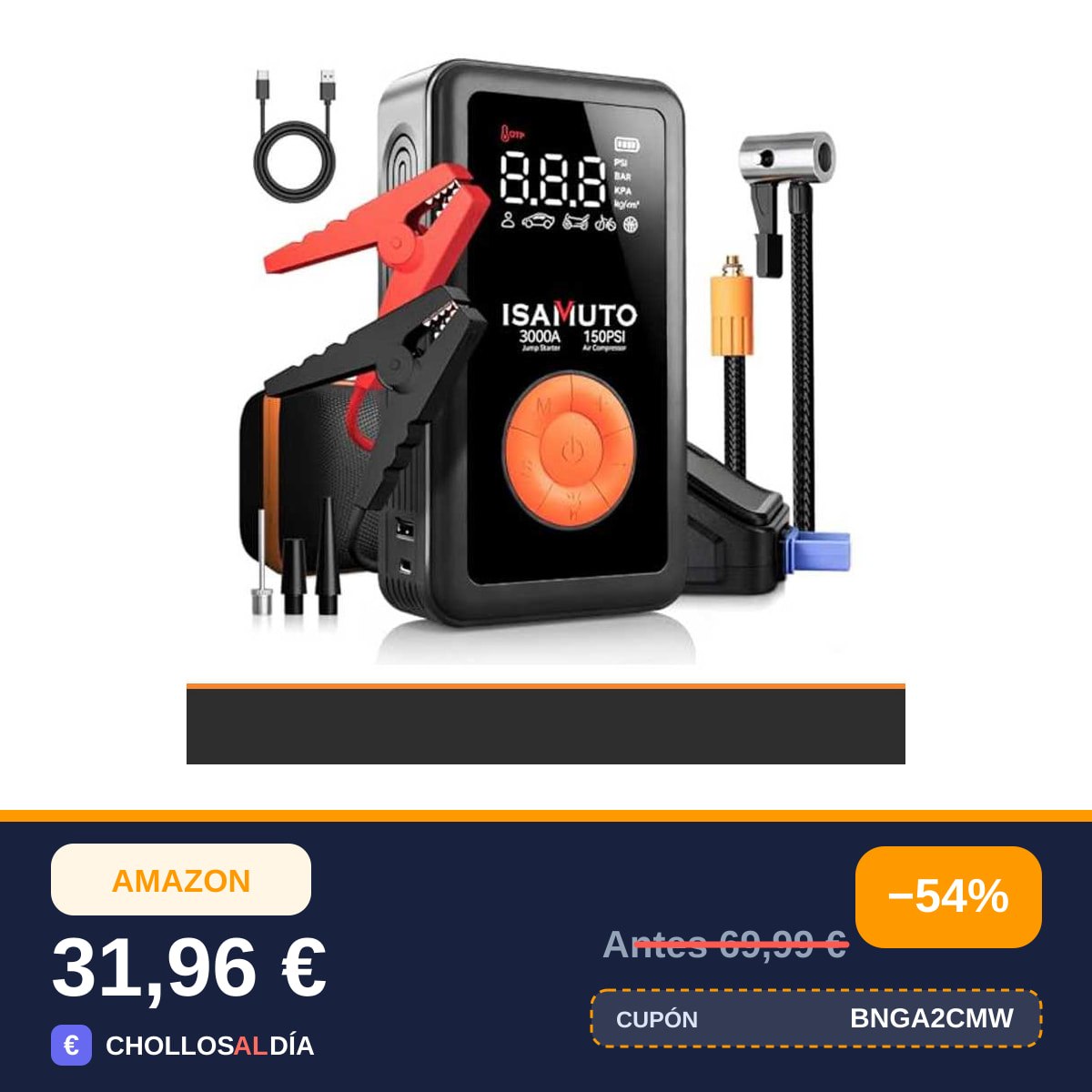 Arrancador de Coche 3000A con Compresor de Aire 150 PSI, Booster Batería 12V para Motores…