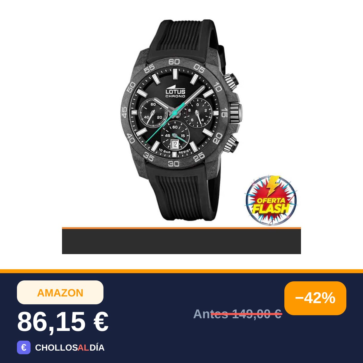 LOTUS Reloj Hombre Analógico de Caucho Negro