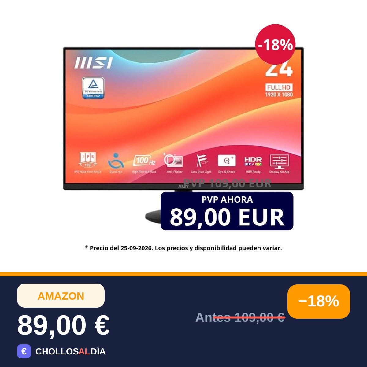 MSI Pro MP242L Monitor de 23,8" FHD para Oficina: Panel IPS de 1920 x 1080, 100 Hz, 4…