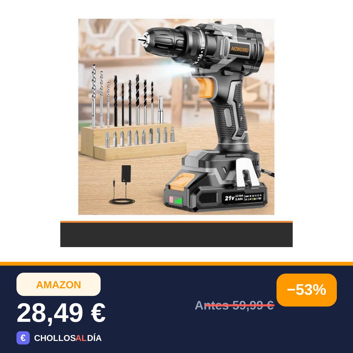 AKZWOXRO Taladro Atornillador Sin Escobillas 21 V, 42Nm, Batería 2,0 Ah