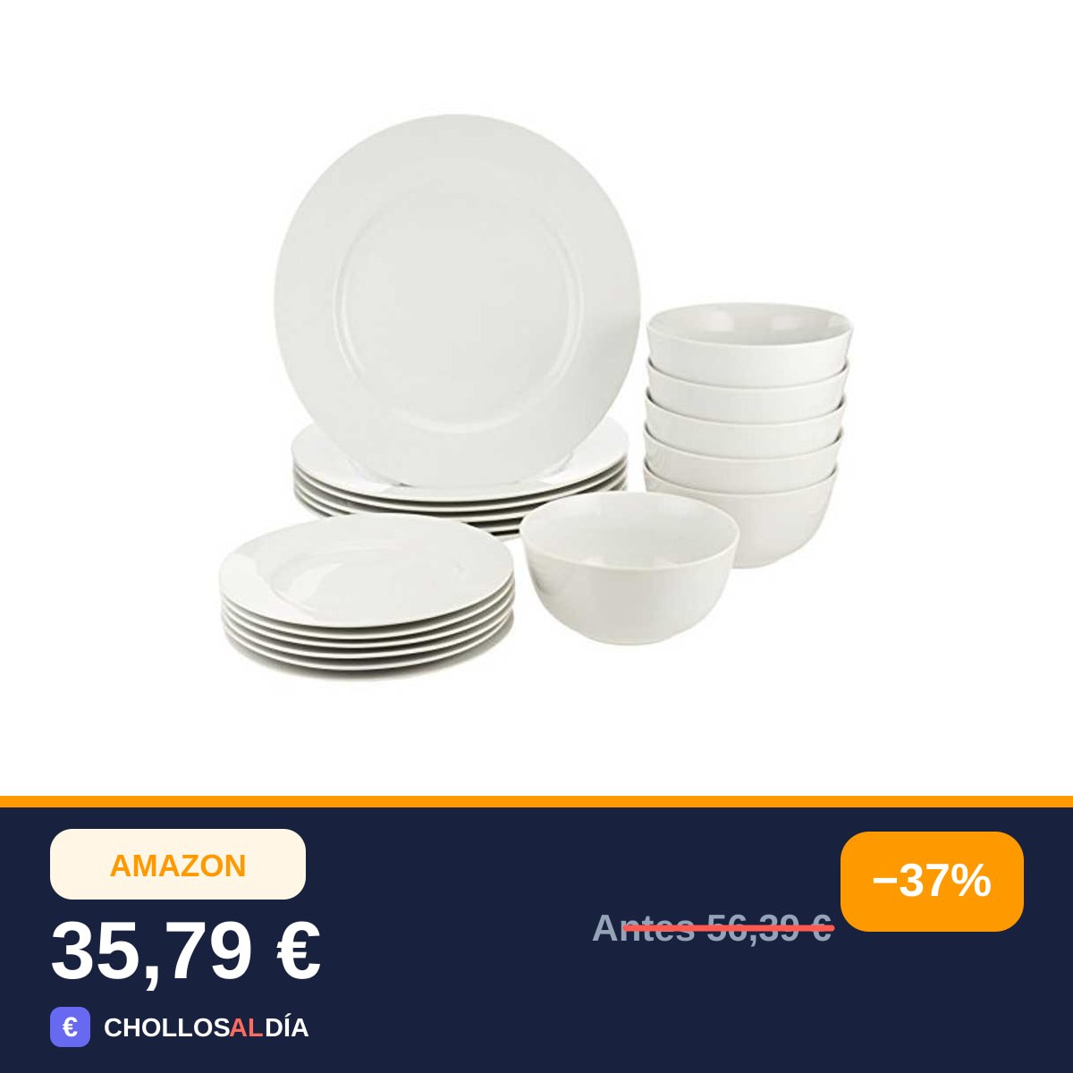 Amazon Basics Vajilla para 6 personas (18 Unidad), Blanco
