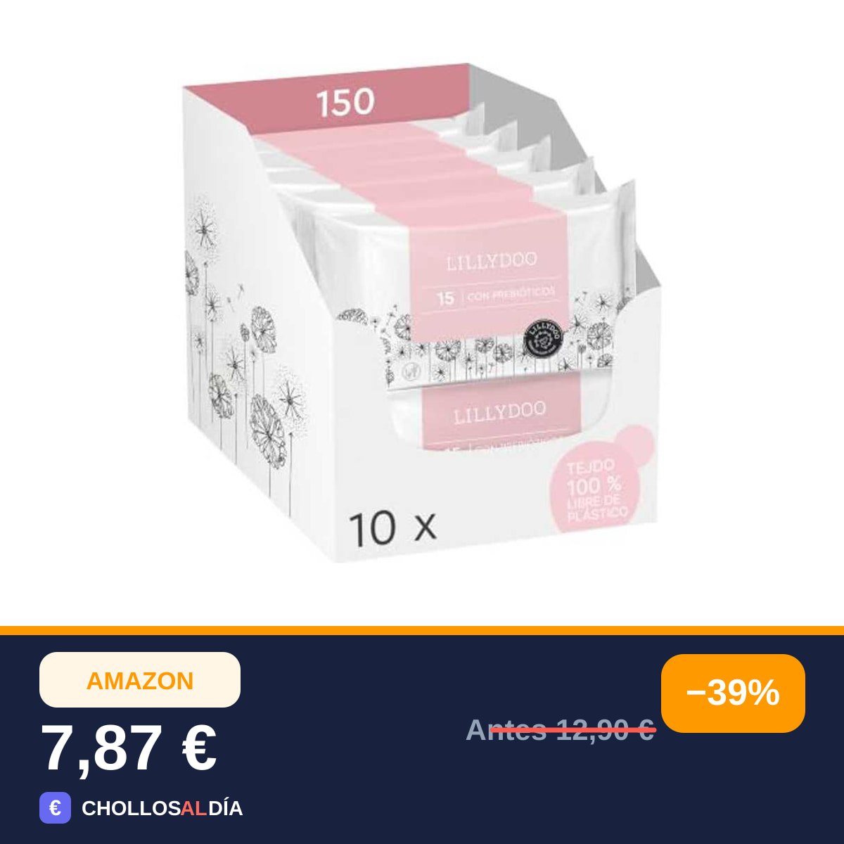 Toallitas con prebióticos LILLYDOO, 150 uds., suaves y sin perfumes