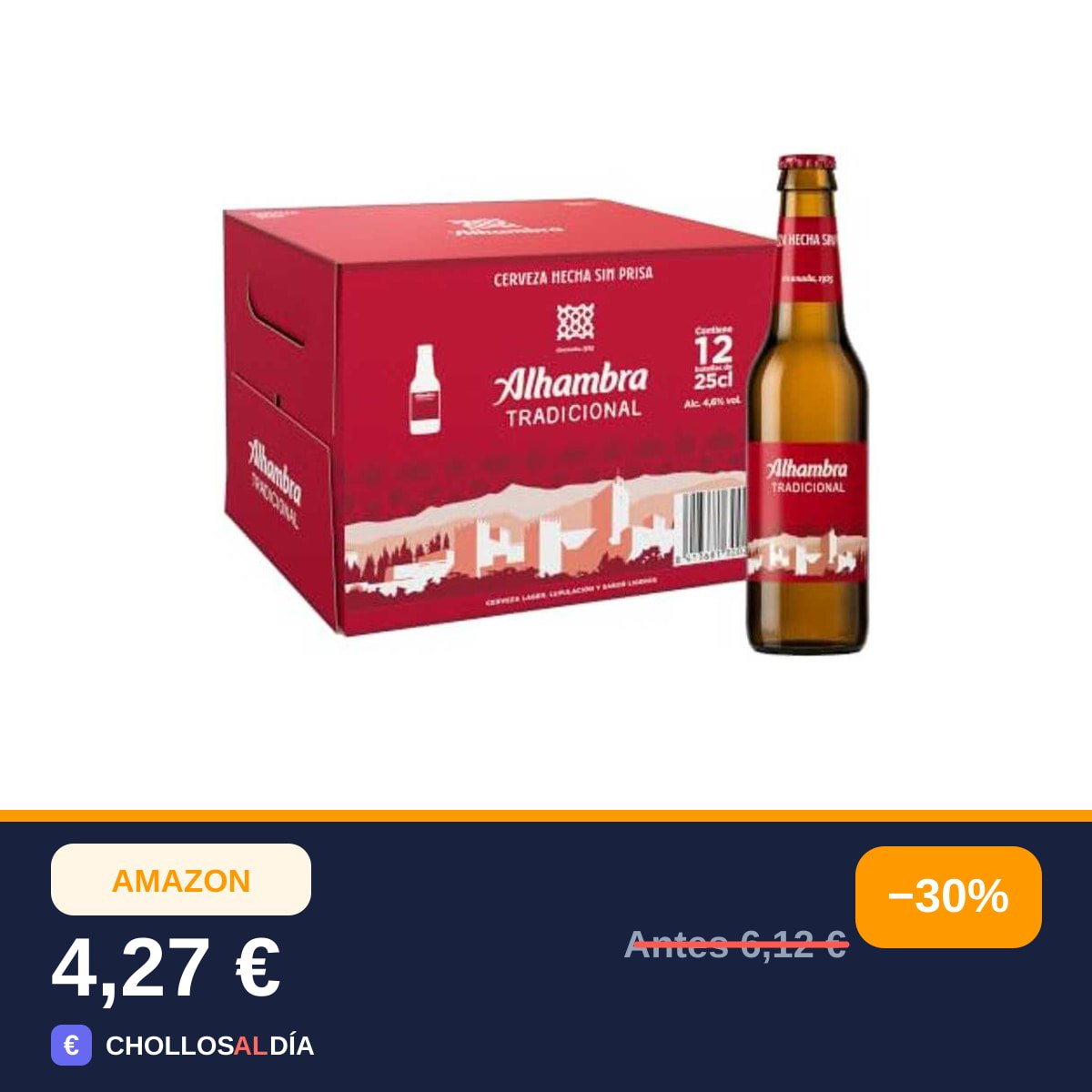 Alhambra Tradicional, Cerveza Lager Suave, Pack 12 Botellines x 25cl