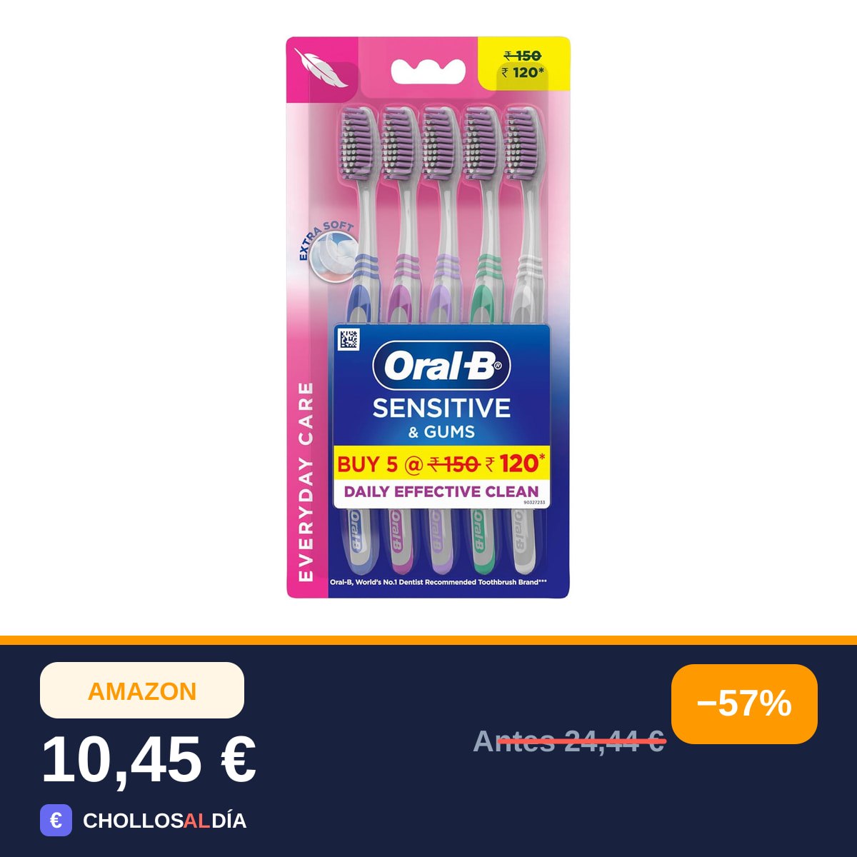 Oral-B Cepillo de dientes de cuidado sensible, extra suave (paquete de 5)